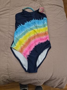 SO Girls Navy One-Piece Swimsuit with Rainbow Tie-Dye Size 10